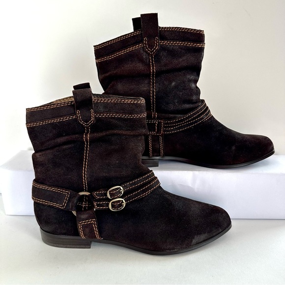 ARRAY MAVERICK BROWN SUEDE DISTRESSED SLOUCHY HARNESS FLAT ANKLE BOOT BOOTIE Sz9 - Picture 5 of 12
